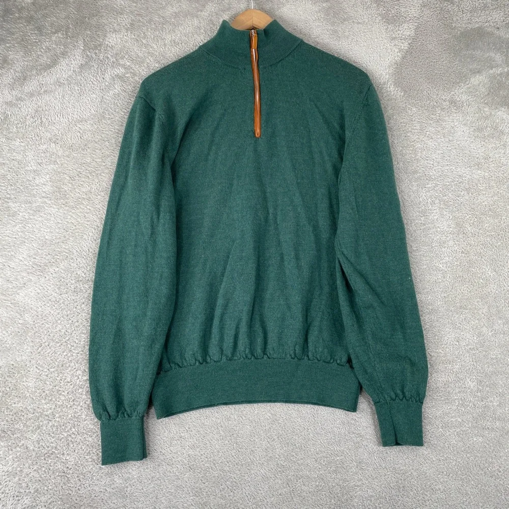 Collars & Co. Sweater Mens Large Green Australian Merino Wool Quarter Zip Knit